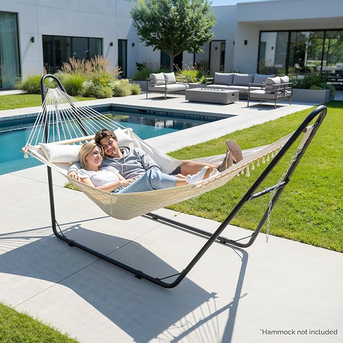 ONCLOUD Sandblasted Iron Hammock Stand only Heavy Duty Adjustable Hammock Frame Fits Various Hammocks Portable Double-Barrel Hammock Support for Outdoors Patio Garden Yard 550 LBS Black