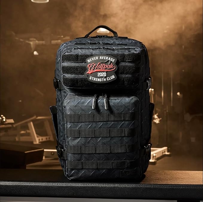 WOLFpak 45L Athletic Gym Backpack - Durable 1000D Waterproof Oxford Material with MOLLE Webbing Laptop Pocket &amp Dual Cup Holders Durable Fitness/Travel/Military Daypack (Strength Club)