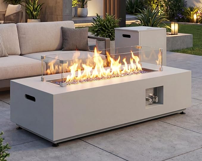 NICESOUL 42 Outdoor Propane Fire Pit Table 50000 BTU Rectangle Natural Gas Firepit with Tank Table No Assembly Low Profile Fire Table for Outside Patio &amp Backyard CSA Certified Grayish White