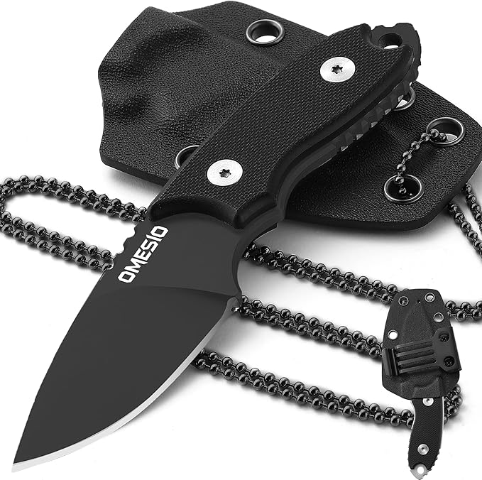 Omesio Neck Knife 5.43 Neck Knife with Sheath and Necklace Full Tang Small Mini Fixed Blad Knife with Clip D2 Steel 2.17-Inch Blade G10 Handle for Camping Tactical (Black Handle + Black Blade)