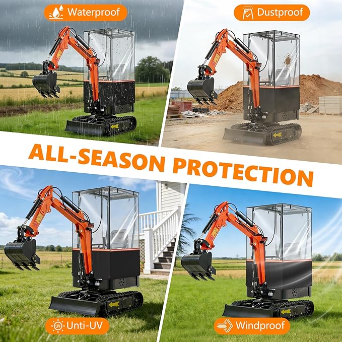 Mini Excavator Cover Transparent Anti-Wrinkle Excavator Cab Cover Fits Bobcat E20/Kubota U17 Models (1760-3530 lbs) Features Openable Windows Rollable on All Four Sides Safety Reflective Strips