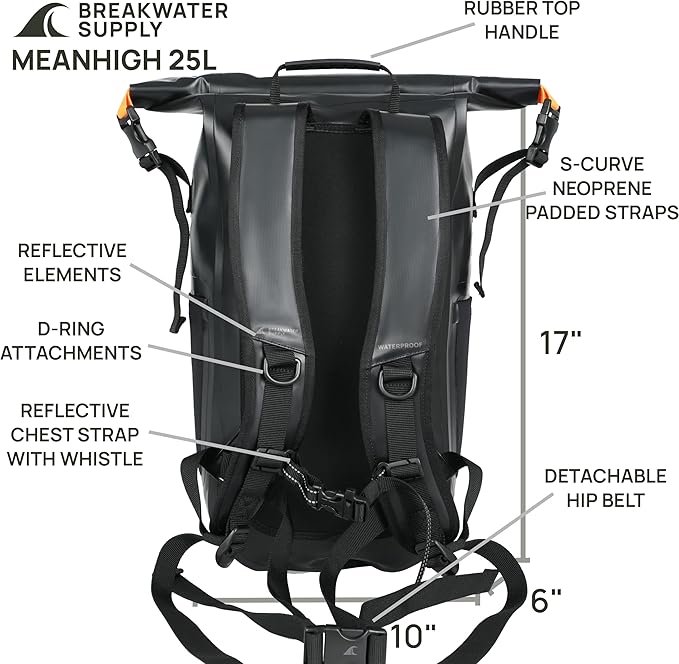 Breakwater Supply™ Meanhigh Dry Bag Waterproof Rolltop Backpack 25L Medium/Large for Water Sports Moto Hiking Camping with Lightweight Fast-Drying Padding (Black)