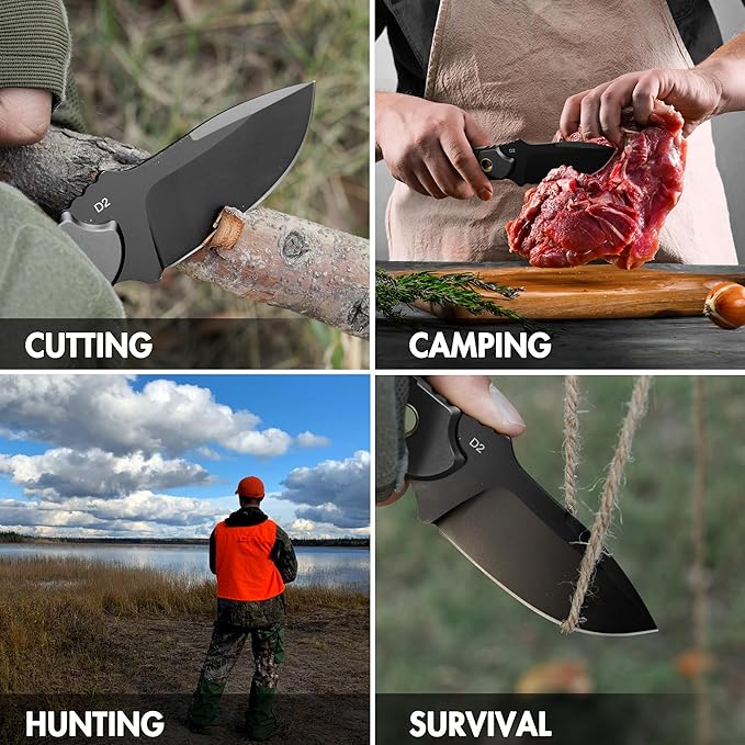 FLISSA Fixed Blade Knife 7 Inch Full Tang Hunting Knife with Kydex Sheath and Emergency Rope Tactical Knife for Survival Camping Hiking(Black) (Pack of 2)