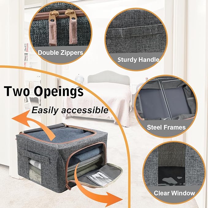 Linen Clothes Storage Bins 4PCS Sturdy Closet Organizers and Storage Bin with Metal Frame 2 Opening Ways Fabric Visible Lidded Storage Box for Organizing ClothingJeansSheets (4PC Gray 22Liters)