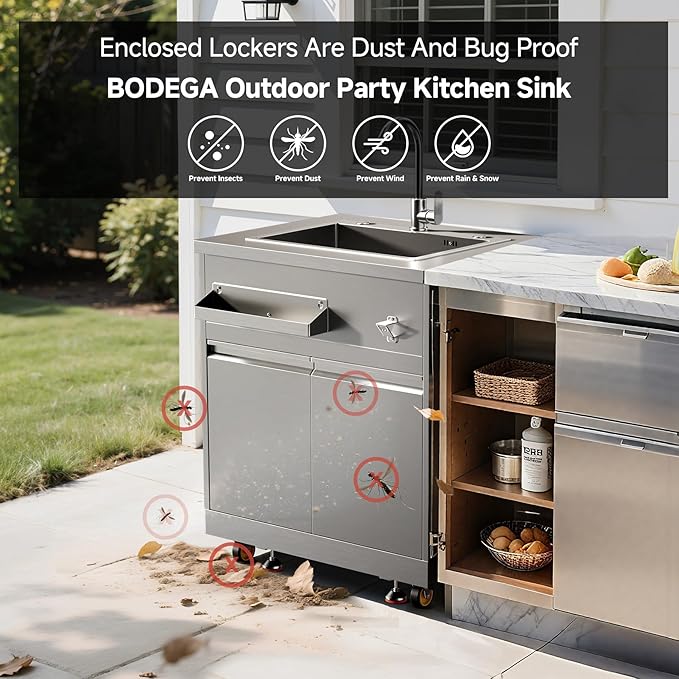 BODEGA Stainless Steel Outdoor Kitchen Sink Cabinet Outdoor Sink With Hose Hook UpSingle Bowl Kitchen Sinks With Brake Wheels &amp Spice Rac All-Weather Use Mobile Prep Station for BBQ Camping
