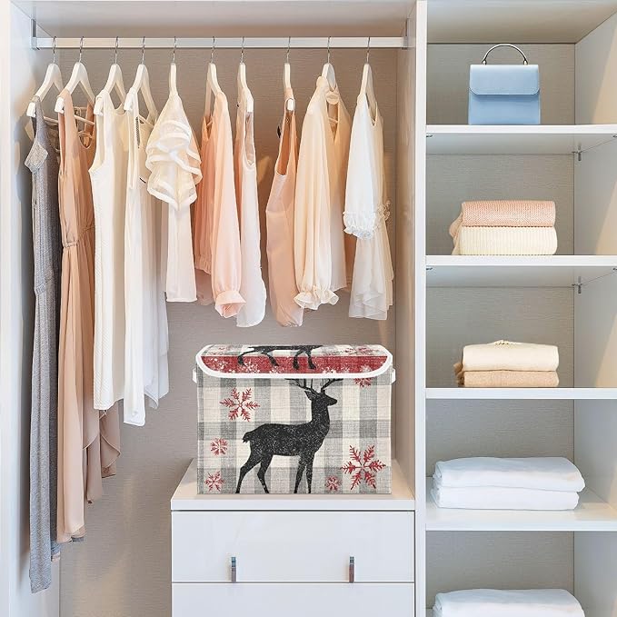 Grey Checkered Christmas Deer Storage Box with Lid 1 PC Foldable Storage Bin with Lids Stackable Storage Bins Cube Closet Organizer Basket with Flip-Top Lid &amp Handles for Shoes Books Towels