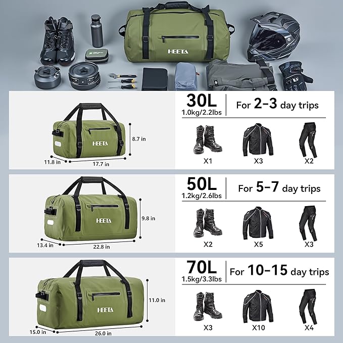 HEETA Waterproof Motorcycle Dry Bag Waterproof Duffel Luggage Travel Bags with Zippered Closure &amp Pocket Shoulder Straps Large Space for Motorcycling Camping Commuting Boating (Green 50L)
