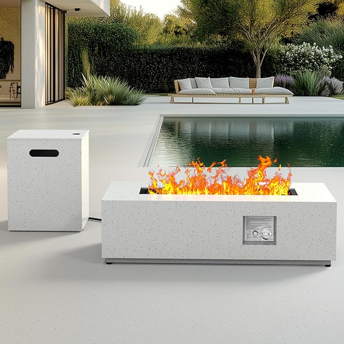 Silonn 43Inch Propane Fire Pit 50000 BTU Outdoor Gas Fire Pit Table with CSA Certification Glass Rocks Rectangular Heater for Patio Backyard Deck Balcony with Waterproof Cover &amp Adjustable