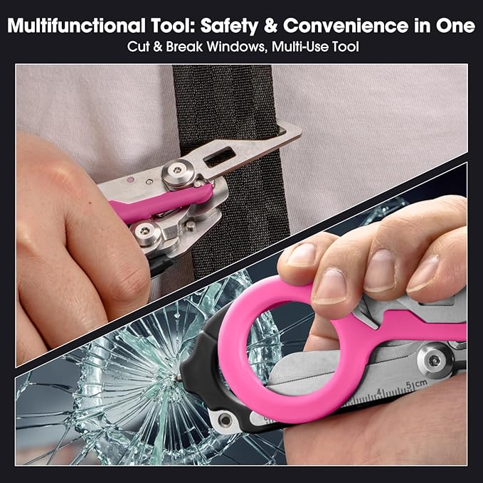 trauma shears foldable emergency scissors combining 6 functions into one suitable for outdoor camping emergency rescue and wilderness survival. (black-pink)