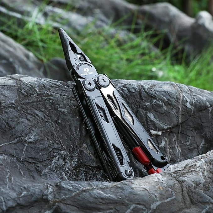 MOSSY OAK Multitool 19-in-1 Stainless Steel Multi Tool Pliers Survival Tools with Fire Starter Window Breaker Whistler Self-locking EDC Gear with Sheath for Outdoor Survival Camping Hiking