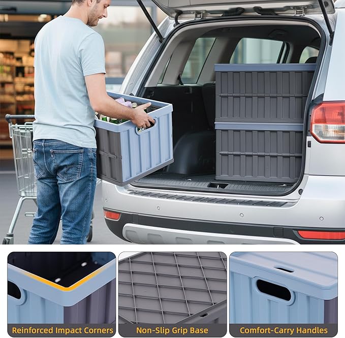 Citylife 64L Collapsible Storage Bins with Lids Plastic Storage Containers for Organizing Stackable Storage Box Large Heavy Duty Utility Crates 2 Packs