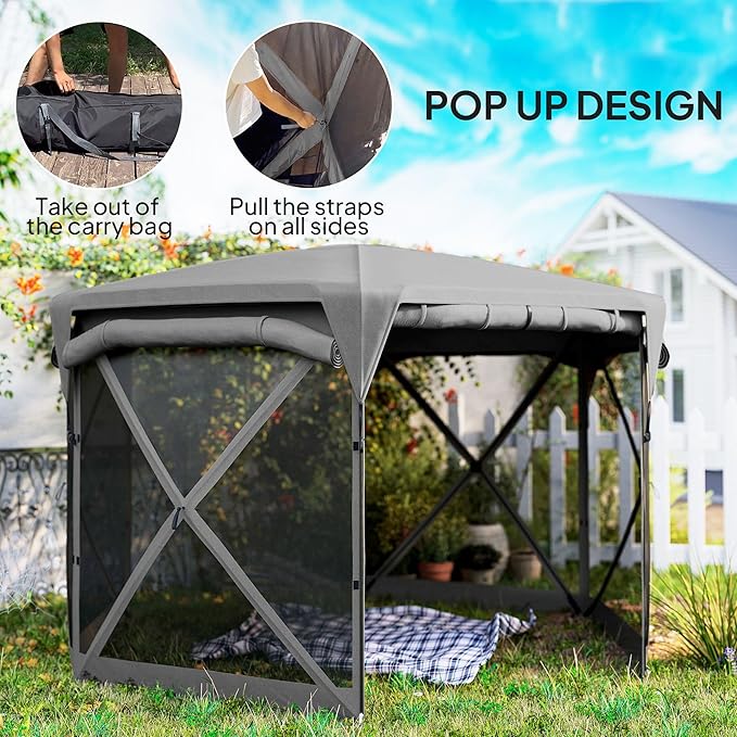 11x11ft Quality Construction Pop-Up Gazebo Screen Tent with Removable Roof Cover and Retractable Wind Panels in Dark Gray