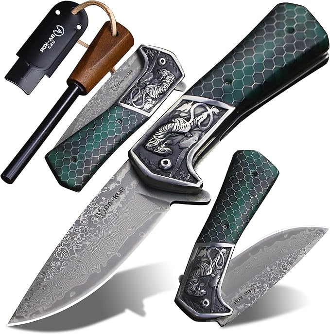 BA-KOR B21A Devil Tiger (XL) 248mm Damascus pocket knife featuring stainless steel and resin aluminum honeycomb-pattern handle &amp(5.9IN) cerium igniter suitable for both men and women as a campin