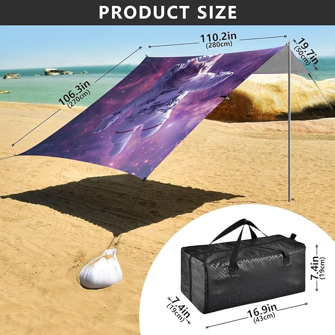 ALAZA Astronaut Cat Funny Beach Tent Sun Shelter UPF50+ Protection Beach Shade Canopy w/ 4 Sandbags for Outdoor Camping Fishing Backyard Fun Picnic 10x9 ft
