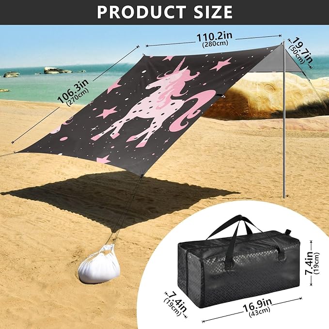 ALAZA Cute Pink Unicorn Silhouette Animal Leopard Dots Stars Beach Tent Sun Shelter Portable Canopy Sunshade for Outdoor Camping Picnics Backyard Fun 10x9 ft