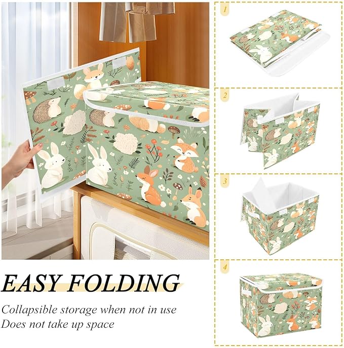 Woodland Animal Storage Box with Lid and Handles Large Collapsible Fabric Storage Basket Closet Organizer Bin Woodland Animal Basket for Nursery Bedroom Office