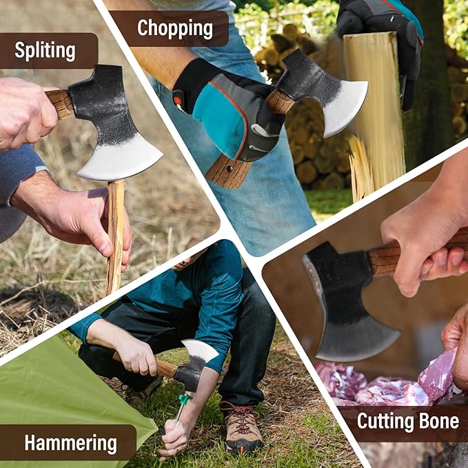 Small Camping Axe with Leather Sheath 8.46 Backpacking Hatchet with Wooden Handle Splitting Axe for Jungle Gardening Hunting Survival