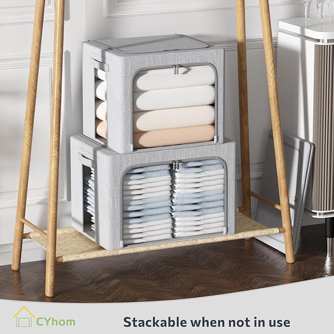 CYhom Clothes Storage Bins Box - Foldable Stackable Container Organizer Set with Clear Window &amp Carry Handles &amp Metal Frame - 2Pack Large Capacity for Bedding Blankets Books