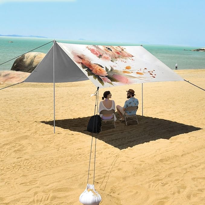 ALAZA Cat Kitten Rose Flower Beach Tent Sun Shelter UPF50+ Protection Beach Shade Canopy w/ 4 Sandbags for Outdoor Camping Fishing Backyard Fun Picnic 10x9 ft