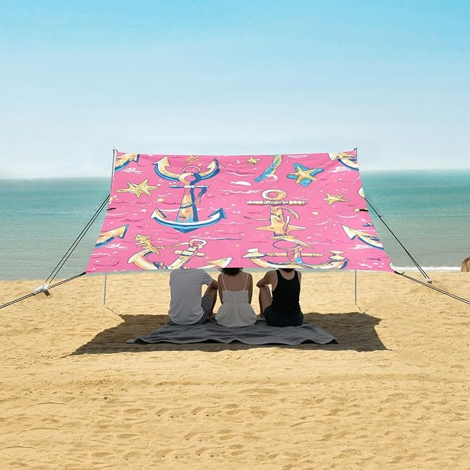 Hand Drawn Sea Ship Ocean Beach Tent UPF50 Waterproof Shade Sun Shelter with Sandbags Sand Shovel Poles for Camping Fishing Backyard Fun