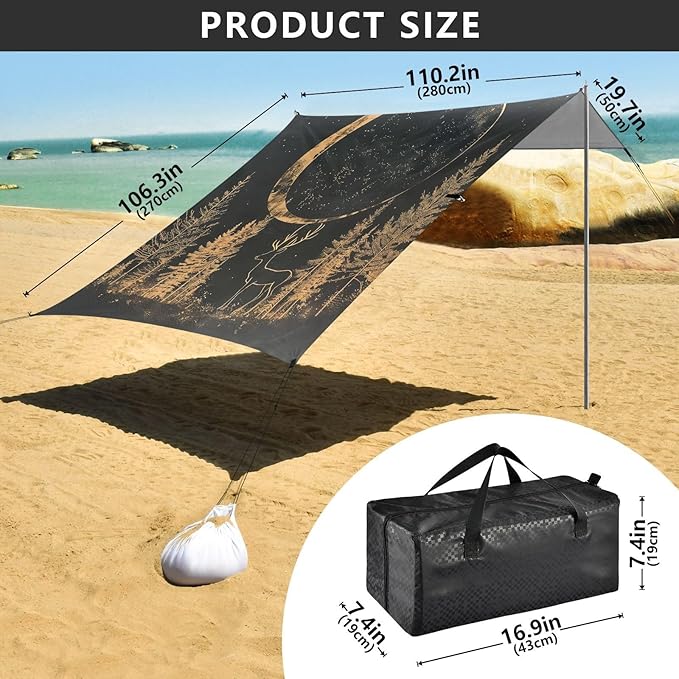 ALAZA Moon Deer in Forest on Black Beach Tent Sun Shelter Portable Canopy Sunshade for Outdoor Camping Picnics Backyard Fun 10x9 ft
