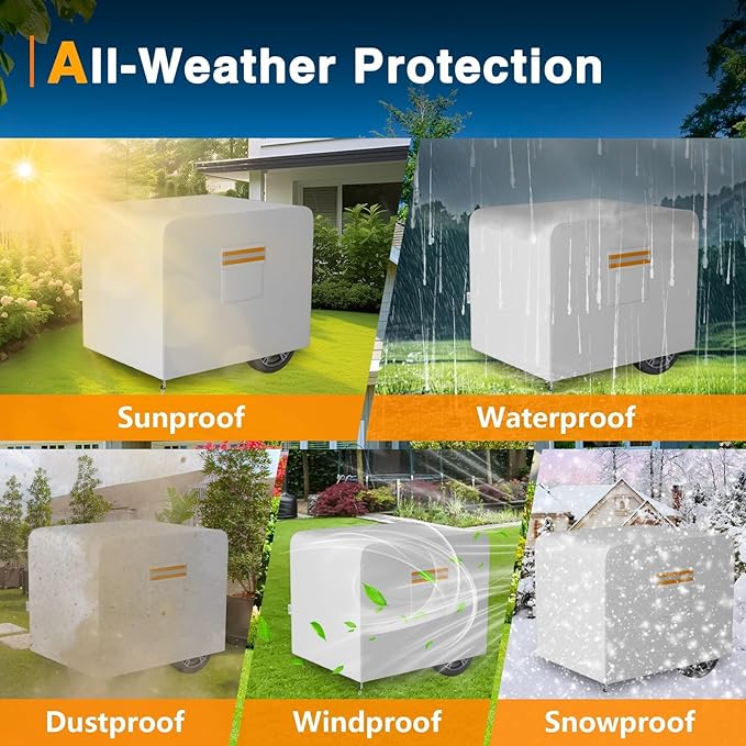 Generator Cover 32”L x 24”W x 24”H Heavy Duty Waterproof 420D All-Weather Generator Cover with Storage Pocket Compatible with Most Generators 5000-10000 Watt (Gray)