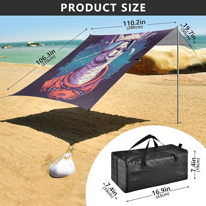 ALAZA Llama Space Polka Dots Beach Tent Sun Shelter UPF50+ Protection Beach Shade Canopy w/ 4 Sandbags for Outdoor Camping Fishing Backyard Fun Picnic 10x9 ft