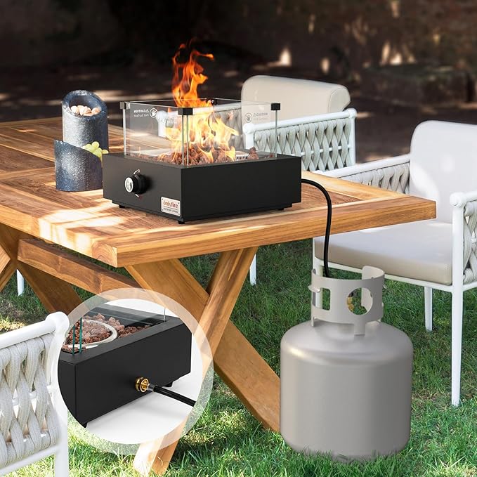 ONLYFIRE OUTDOOR LIVING 15.7 Portable Propane Gas Fire Pit Side-Mounted Modern Tabletop Fireplace Smokeless Firepit with Glass Wind Guard for Patio Camping RV Tailgating 23000BTU Squre FP040