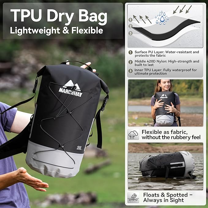 MARCHWAY Floating Roll Top Dry Bag Flexible Lightweight TPU Waterproof Backpack 20L/30L/40L with Padded Straps for Boating Kayaking Swimming Hiking Beach (Black 40L)