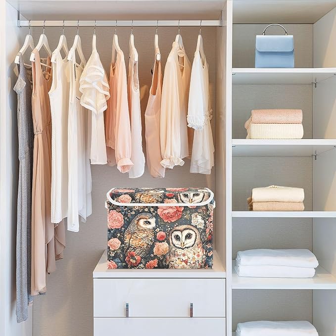 Storage Cube with Lid Art Owls Print 16.5×12.6×11.8 IN 1 Pack Collapsible Large Capacity Foldable Storage Basket Bin Organizer