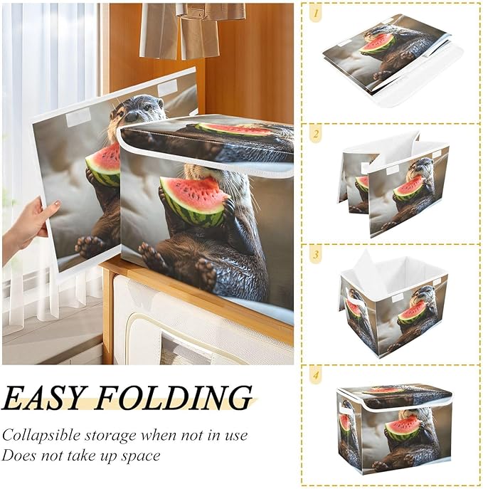 AIXIWAWA Lidded Storage Cube (Otter Watermelon) Fabric Foldable Closet Bins with Flip Lid and Handles Organizer Basket Container 16.5 x 12.6 x 11.8 IN