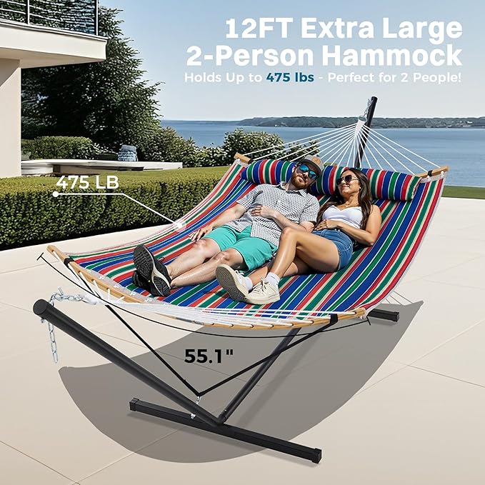SUPERJARE Curved-Bar Hammock with Stand 2 Person Heavy Duty Hammock Frame Detachable Pillow &amp Portable Carrying Bag Perfect for Outdoor &amp Indoor Retro Blue and Green