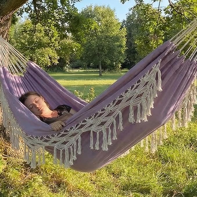 Double Boho Macrame Hammock with Elegant Tassels for Patio Yard Beach Wedding Decor Outdoor and Indoor Up to 450lbs Include Tie Ropes and Drawstring Bag （ Light Purple）