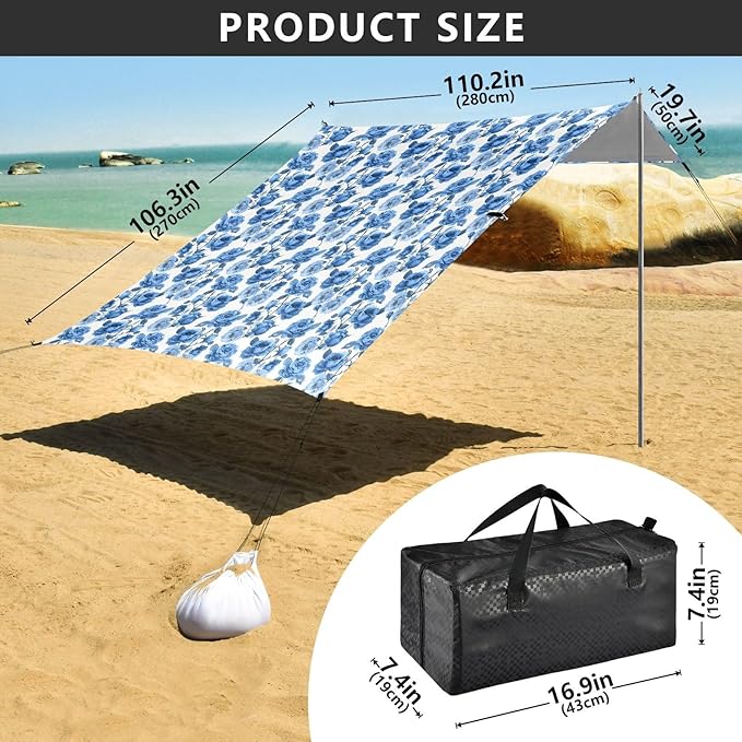 ALAZA Blue Rose Floral Flower Beach Tent Sun Shelter UPF50+ Protection Beach Shade Canopy w/ 4 Sandbags for Outdoor Camping Fishing Backyard Fun Picnic 10x9 ft