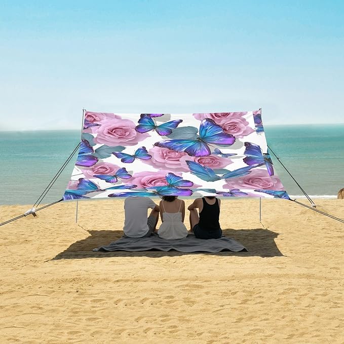 ALAZA Purple Butterflies Rose Flowers Beach Tent Sun Shelter UPF50+ Protection Beach Shade Canopy w/ 4 Sandbags for Outdoor Camping Fishing Backyard Fun Picnic 10x9 ft