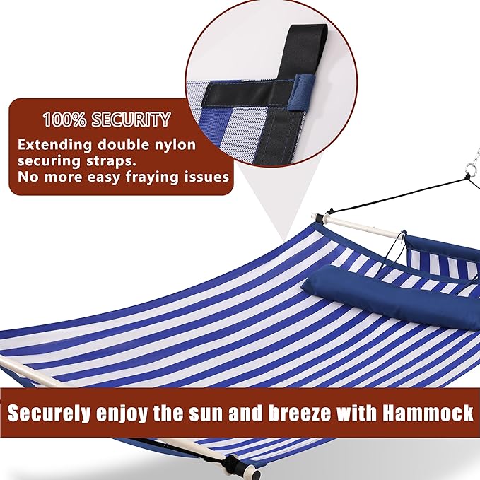 TegerDeger Anti-flip 12FT Hammock Large Hammock 450LB Capacity with Iron Spreader Bar &amp Nylon Rope for Outside Patio Garden Backyard Beach - Blue Strips
