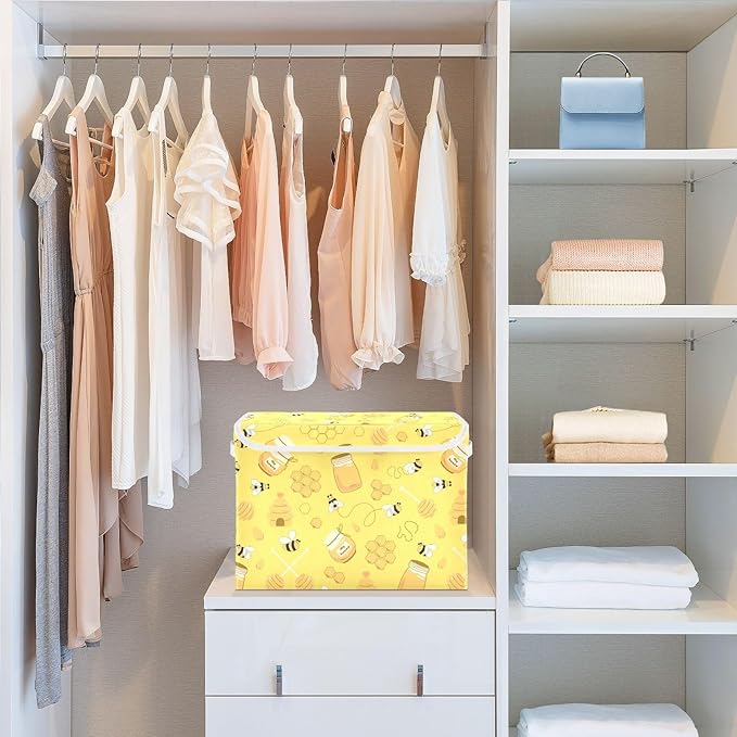Storage Box Yellow Bee Honey Closet Storage Bins with Lids Foldable Oxford Fabric Storage Box for Home Bedroom Closet Office (16.5x12.6x11.8 in)