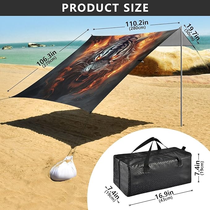 ALAZA Roaring Tiger Beach Tent Sun Shelter UPF50+ Protection Beach Shade Canopy w/ 4 Sandbags for Outdoor Camping Fishing Backyard Fun Picnic 10x9 ft