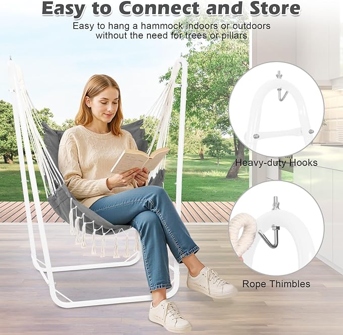 U-Shaped Hammock Chair with Stand Indoor &amp Outdoor Heavy-Duty Metal Frame Hammock Swing Stand Chair with Side Pockets for Brackyard Patio Porch (Dark Gray)