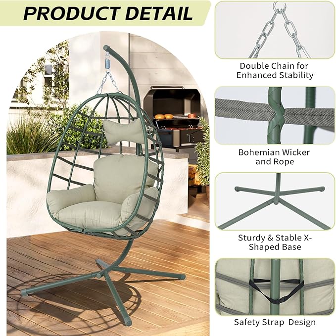 Hanging Egg Chair with Stand Outdoor Indoor Patio Rattan Swing Hammock Chairs with Washable Cushion 350lbs Capacity PE Wicker Swing Chair for Backyard Bedroom Garden (Dark Green + Cyan Cushion)