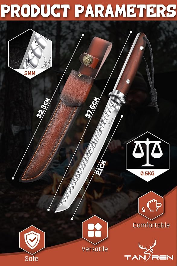 TAN REN Hunting Knife with Sheath 8.3 Inch Fixed Blade Survival Outdoor Knife with Wooden Handle for Camping Bushcraft Christmas Gifts for Men