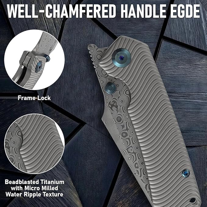 KANSEPT Fenrir Pocket Knife 3.48 Damascus Blade with Flipper and Thumb Stud Frame Lock for Camping Outdoor with Beadblasted Titanium Handle and Micro-Milled Water Ripple Texture K1034C4