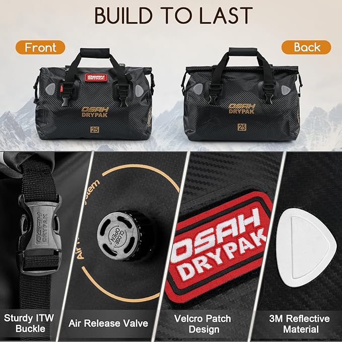 OSAH DRYPAK Waterproof Duffel Bag - Motorcycle Dry Bag Tail Bag with Large Storage Space Waterproof Luggage Duffle Bags with Outer Mesh Zipper Pocket for Camping Kayaking Fishing &amp Traveling