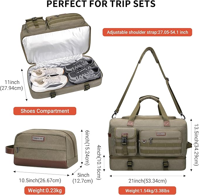 WITZMAN Duffle Bag for Men 50L Canvas Weekender Overnight Bag with Toiletry Bag Sets Travel Duffel Bag Shoes Compartment(A8010/2 Army Green)