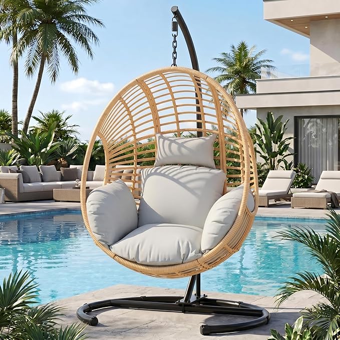 Oversized Hanging Egg Chair Outdoor Indoor Wicker Swing Egg Chair with Stand 400lbs Capacity for Bedroom Patio Garden and Balcony (Beige-Regular Oversize)
