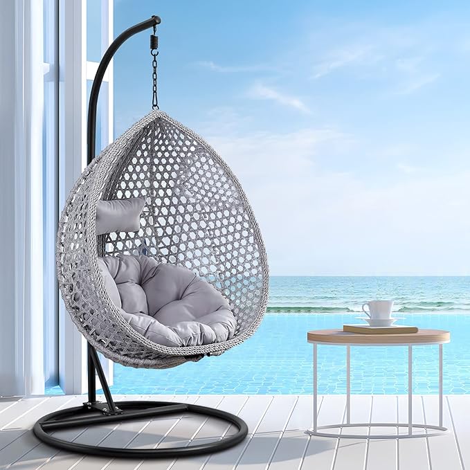 Hanging Egg Swing Chair with Stand Rattan Wicker Hanging Egg Chair Hammock Indoor with Cushions Swinging Chair for Bedroom Outdoor Patio Balcony Backyard Sunroom Heavy Duty 350LBS (Gray)