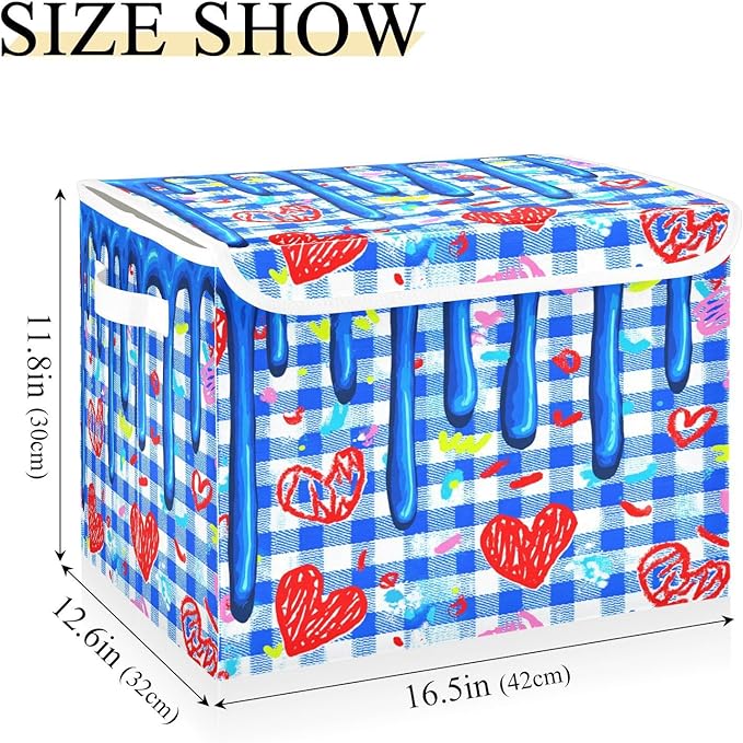 Storage Bins With Lid Stackable Fabric Closet Organizer Clothing Storage Large Boxes For Closet Shelves Bedroom Blue Checks Hearts Meltingicecream Splashes