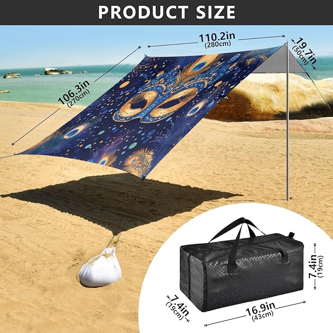 Mardi Gras Peacock Feather Mask Beach Tent Sun Shelter Set UPF50+ UV Protection 10.5 x 9.19 FT Camping Shade Canopy with Sandbags Sand Anchors Carrying Bag and Others