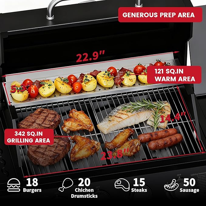 4-Burner Propane Gas Grill with Side Burner 50000 BTU Outdoor Gas BBQ Grill with Stainless Steel Grate Easy-Clean Grease Outdoor Cooking for Patio Camping Backyard