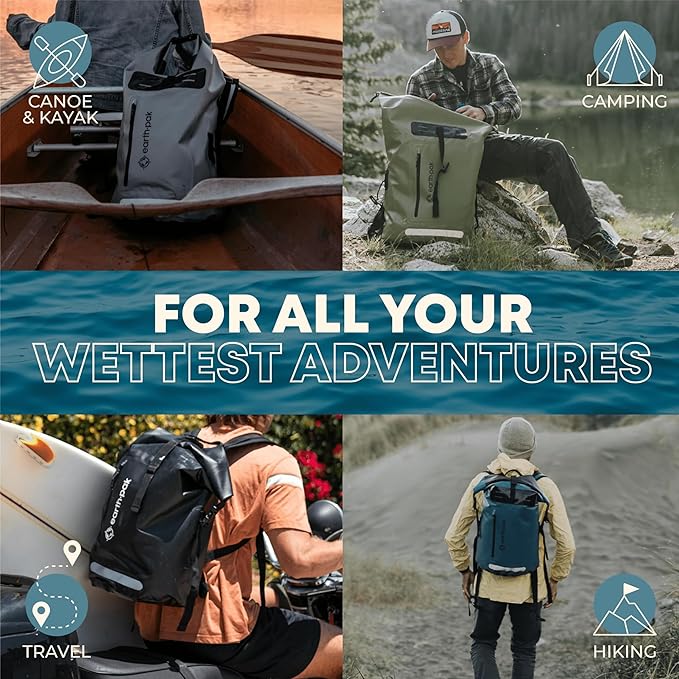 Earth Pak Waterproof Backpack - Heavy Duty Roll-Top Closure with Easy Access Front-Zippered Pocket and Cushioned Padded Back Panel for Comfort with IPX8 Waterproof Phone Case